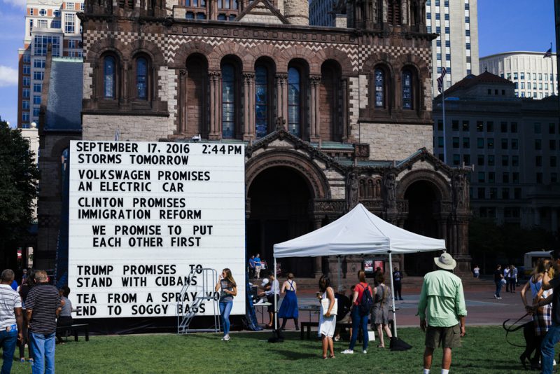A public artwork depicting "promises". Inspired by the current presidential campaigns. Copley Square, Boston, MA